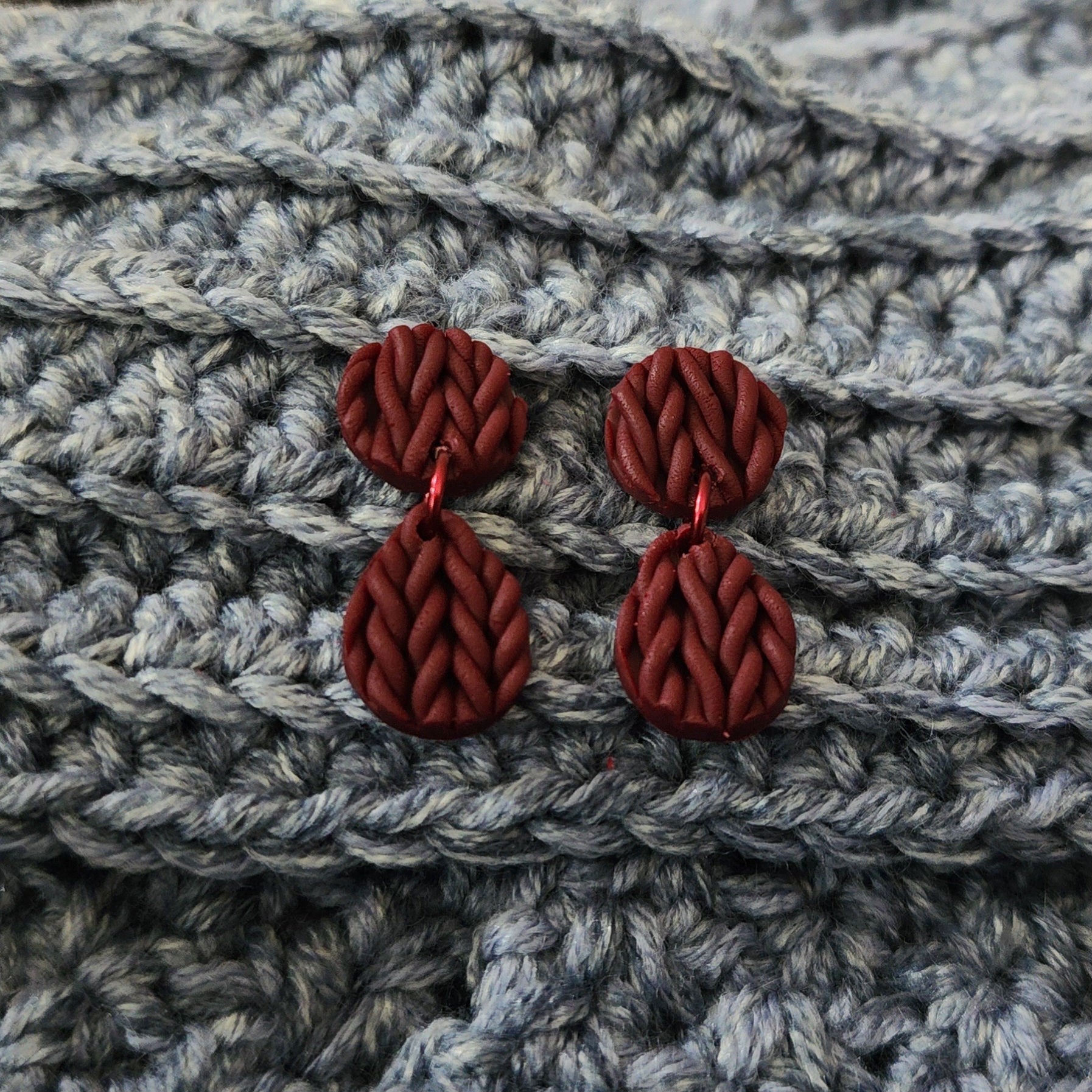 Polymer Clay Earrings - Tear Drop Knit - Deep Red/Burgundy Polymer Clay Earrings - Tear Drop Knit - Deep Red/Burgundy