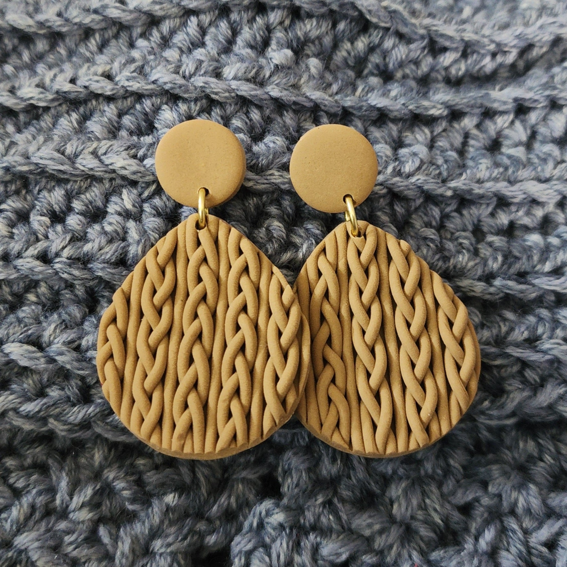 Polymer Clay Earrings - Large Tear Drop Knit - Light Tan Polymer Clay Earrings - Large Tear Drop Knit - Light Tan