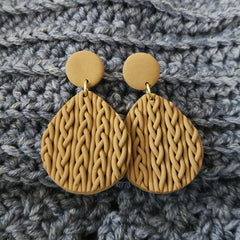 Polymer Clay Earrings - Large Tear Drop Knit - Light Tan