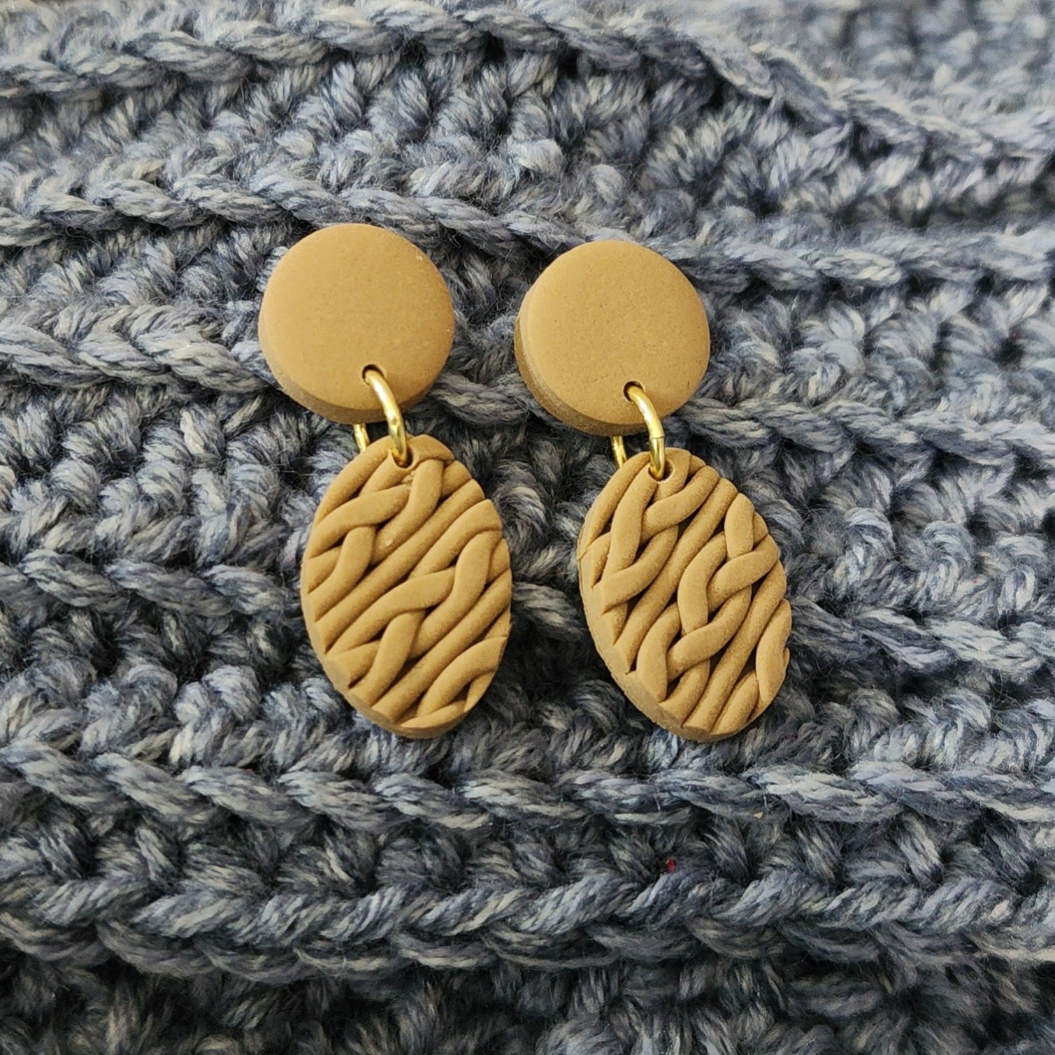Polymer Clay Earrings - Oval Knit - Light Tan Polymer Clay Earrings - Oval Knit - Light Tan
