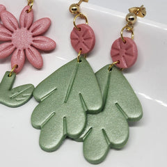 Polymer Clay Earrings - Dusty Pink and Sage Leaf Design