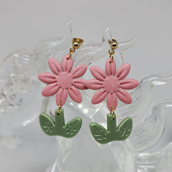 Polymer Clay Earrings - Dusty Pink and Sage Flowers