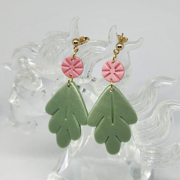Polymer Clay Earrings - Dusty Pink and Sage Leaf Design