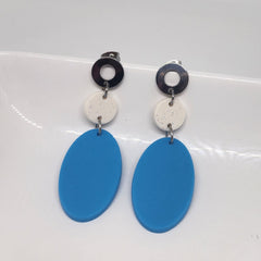 Polymer Clay Earrings - Oval Dangles - Blue and Silver