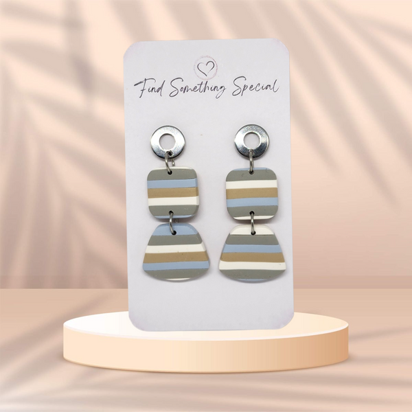 Polymer Clay Earrings - Square with Neutral Stripes - Silver