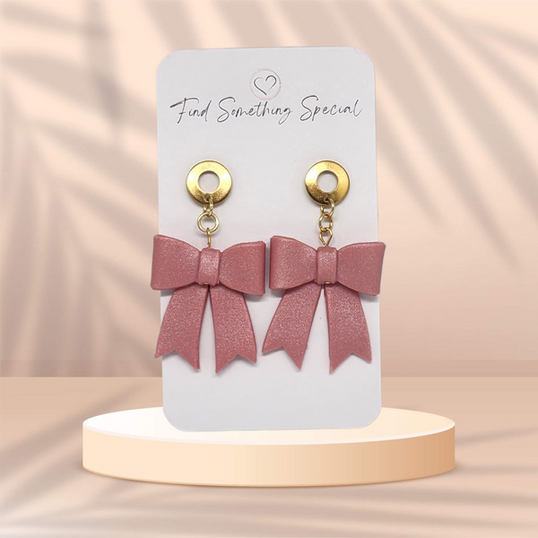 Polymer Clay Earrings - Dusty Pink Bows - Gold