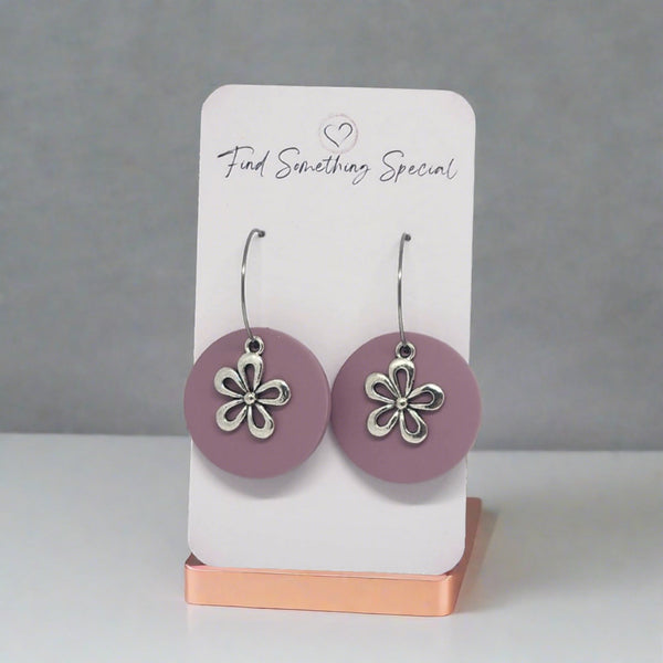 Polymer Clay Earrings - Mauve Hoops with Silver Flower