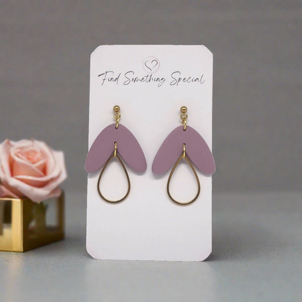 Polymer Clay Earrings - Mauve with Gold Tear Drop
