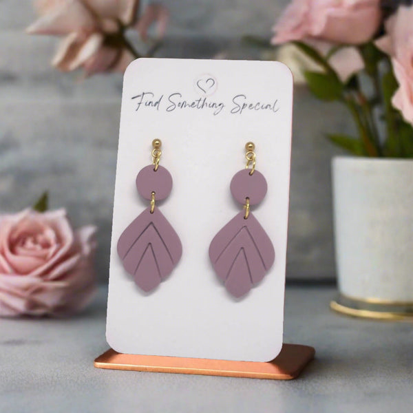 Polymer Clay Earrings - Mauve Small Leaf - Gold