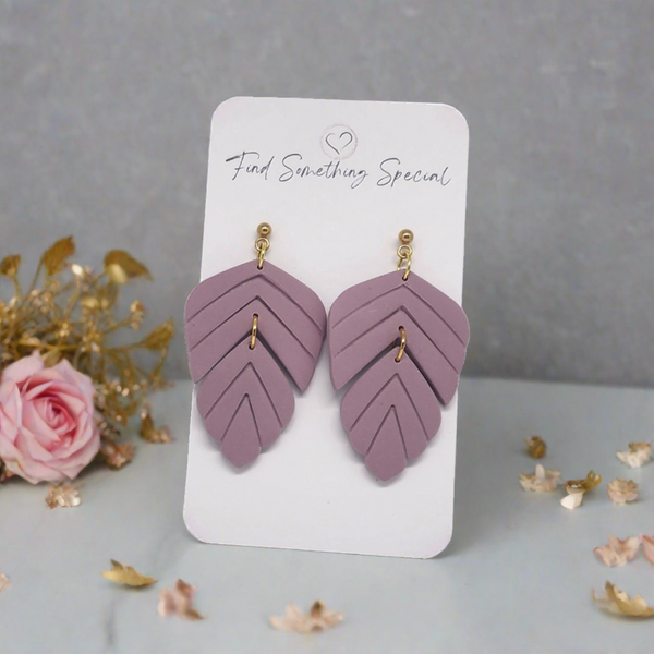 Polymer Clay Earrings - Mauve 2 Piece Leaf - Gold