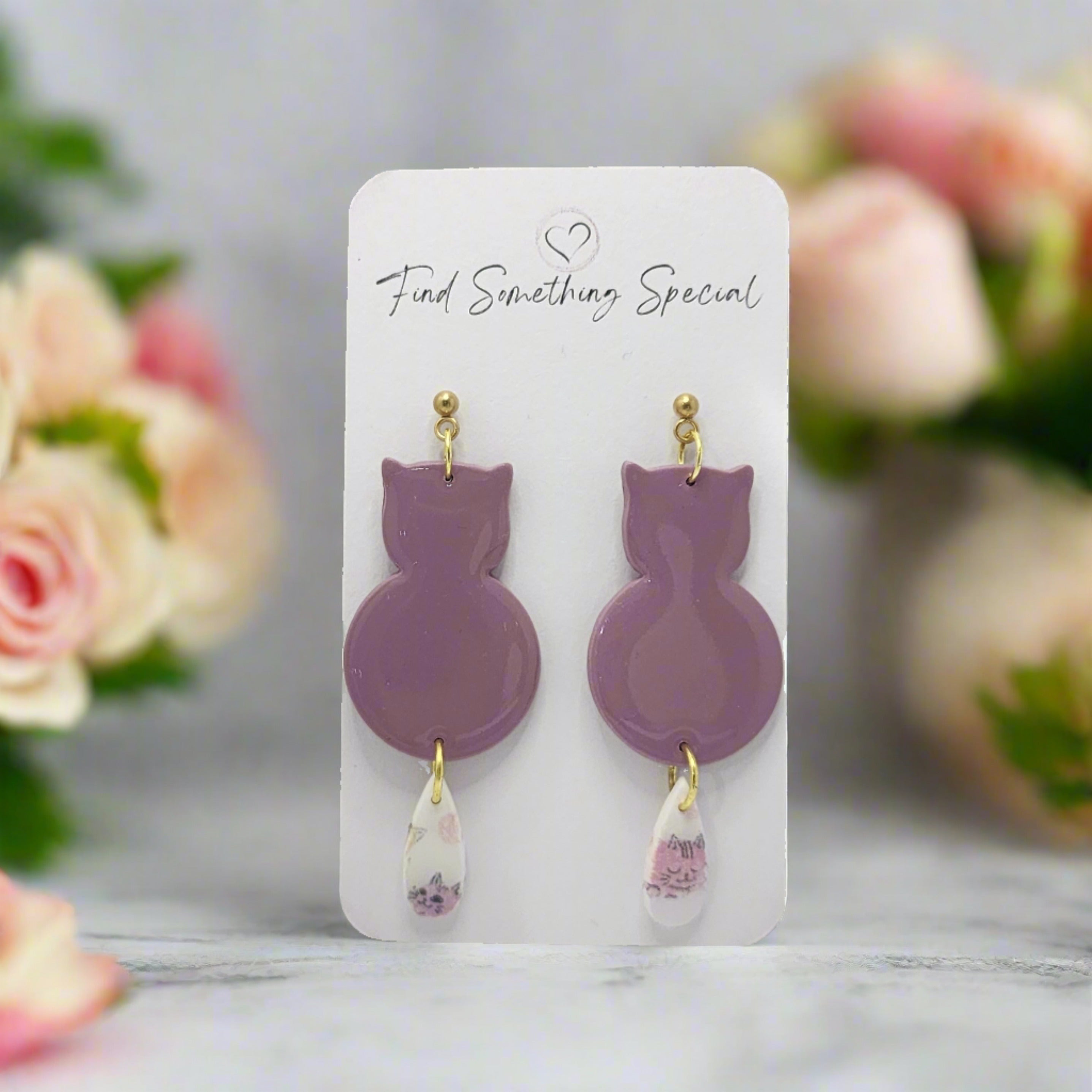 Polymer Clay Earrings - Cat with Swinging Print Tail - Purple Polymer Clay Earrings - Cat with Swinging Print Tail - Purple