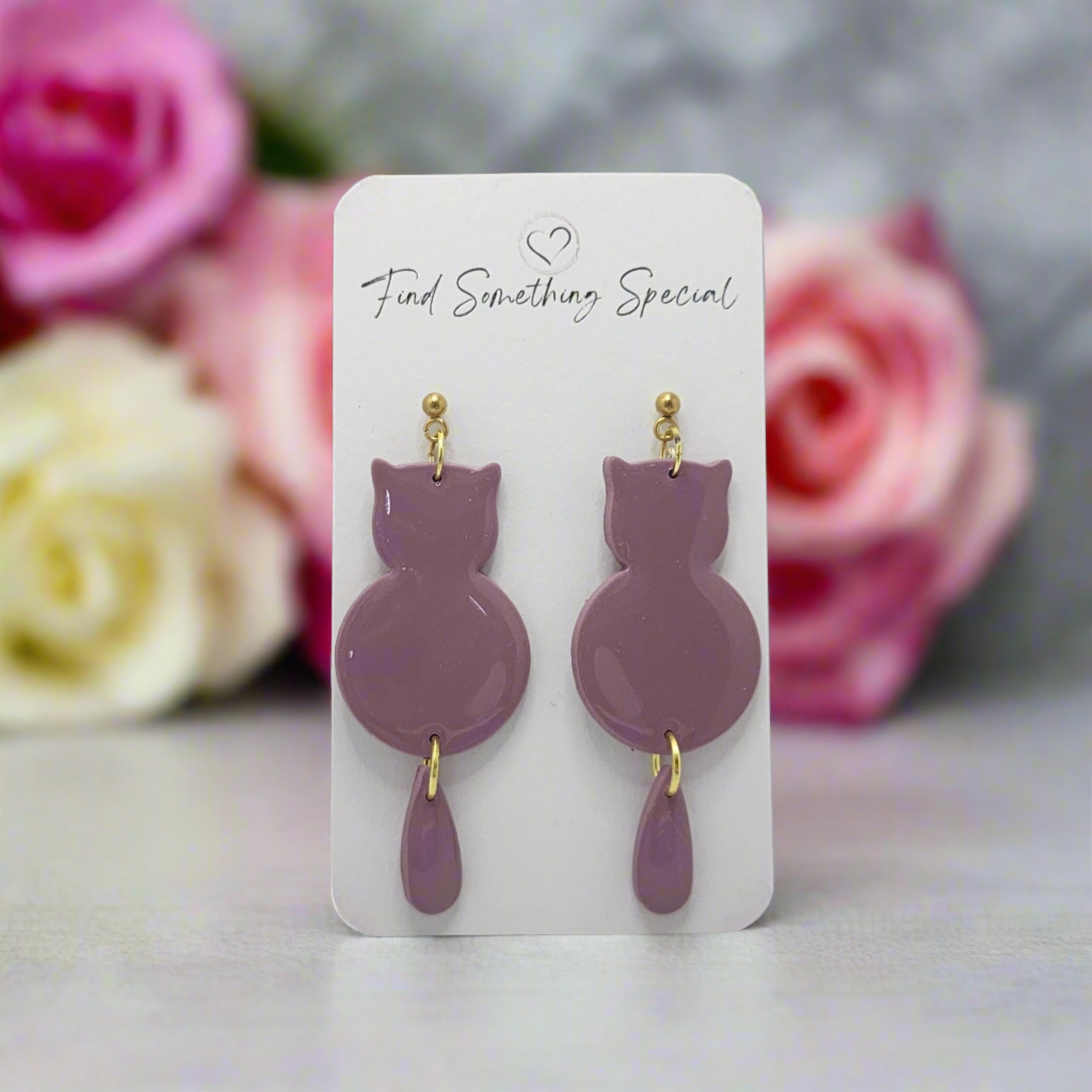 Polymer Clay Earrings - Cat with Swinging Tail - Purple Polymer Clay Earrings - Cat with Swinging Tail - Purple