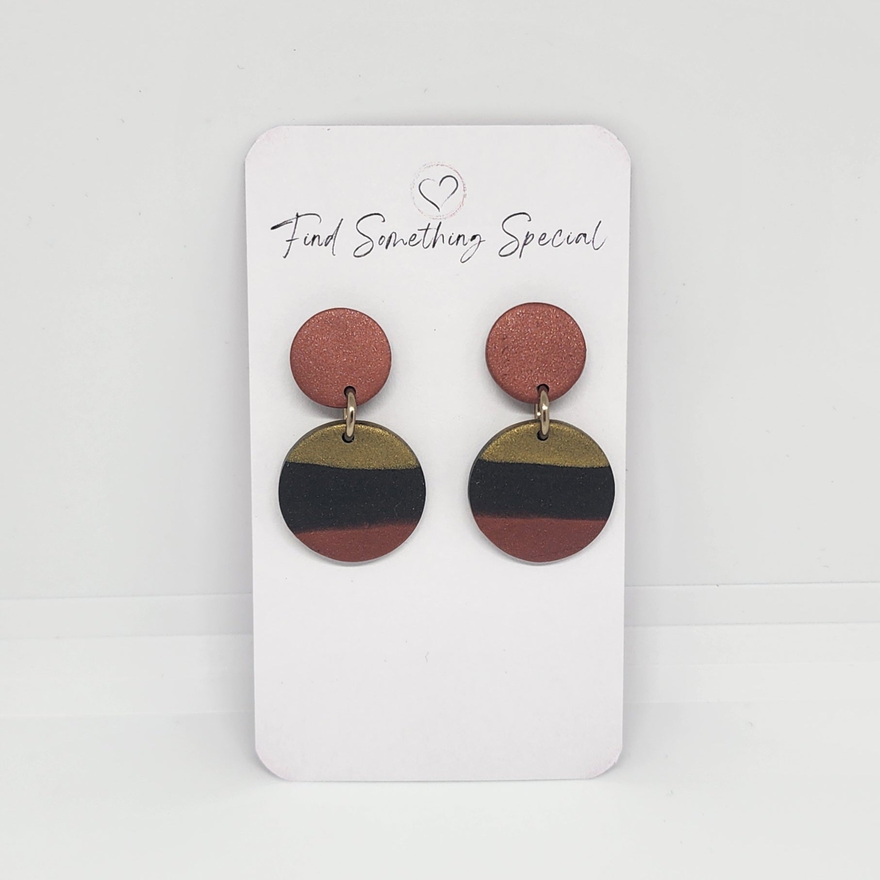 Polymer Clay Earrings Double Circles  - Bronze, Black & Gold Polymer Clay Earrings Double Circles  - Bronze, Black & Gold