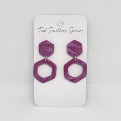 Polymer Clay Earrings Small Double Hexagon  - Purple/White Swirl