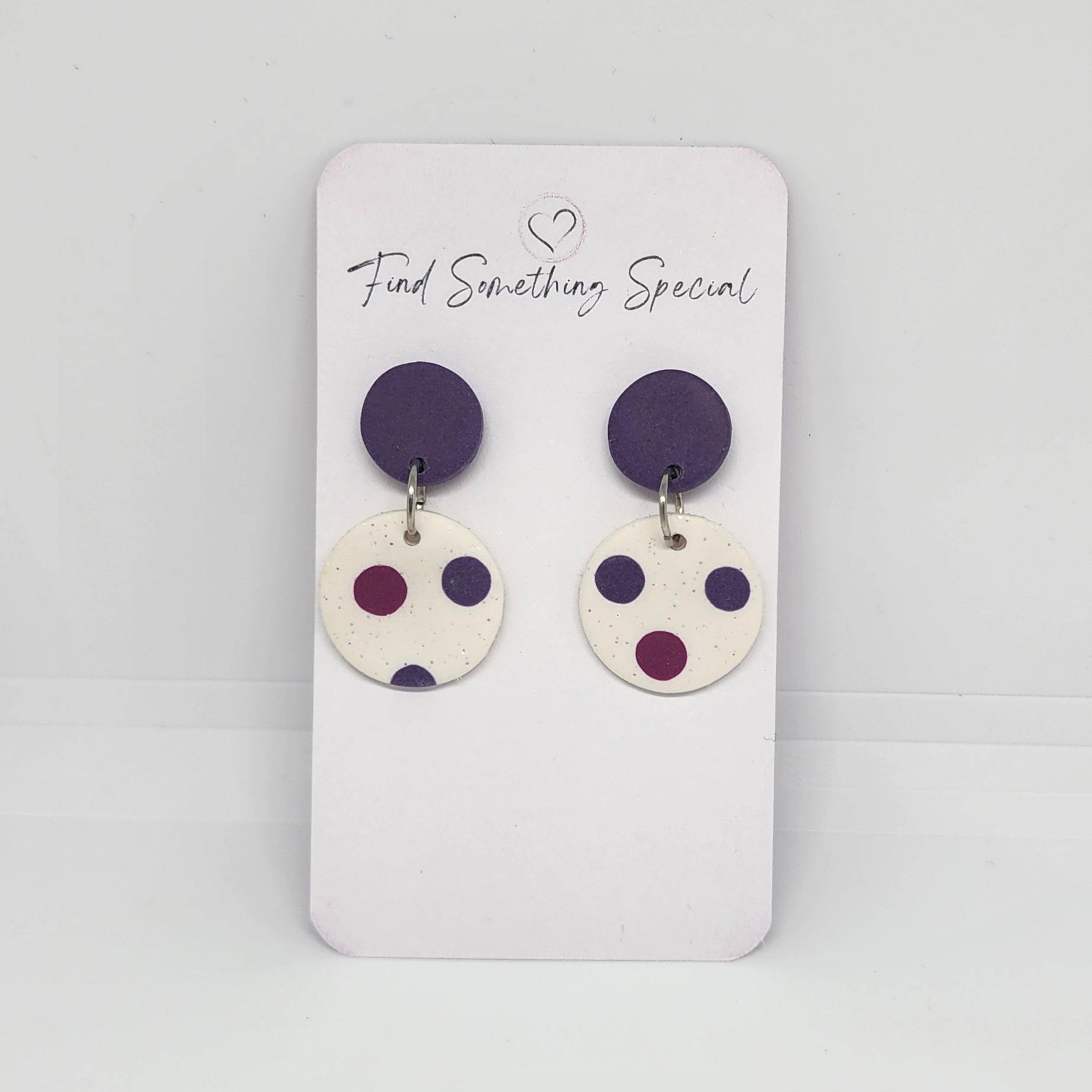 Polymer Clay Earrings Double Circles  - Purple & White with Dots Polymer Clay Earrings Double Circles  - Purple & White with Dots