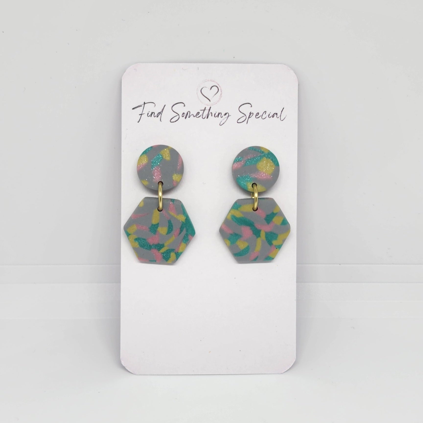 Polymer Clay Earrings Circle/Small Hexagon  - Rainbow Speckle Polymer Clay Earrings Circle/Small Hexagon  - Rainbow Speckle
