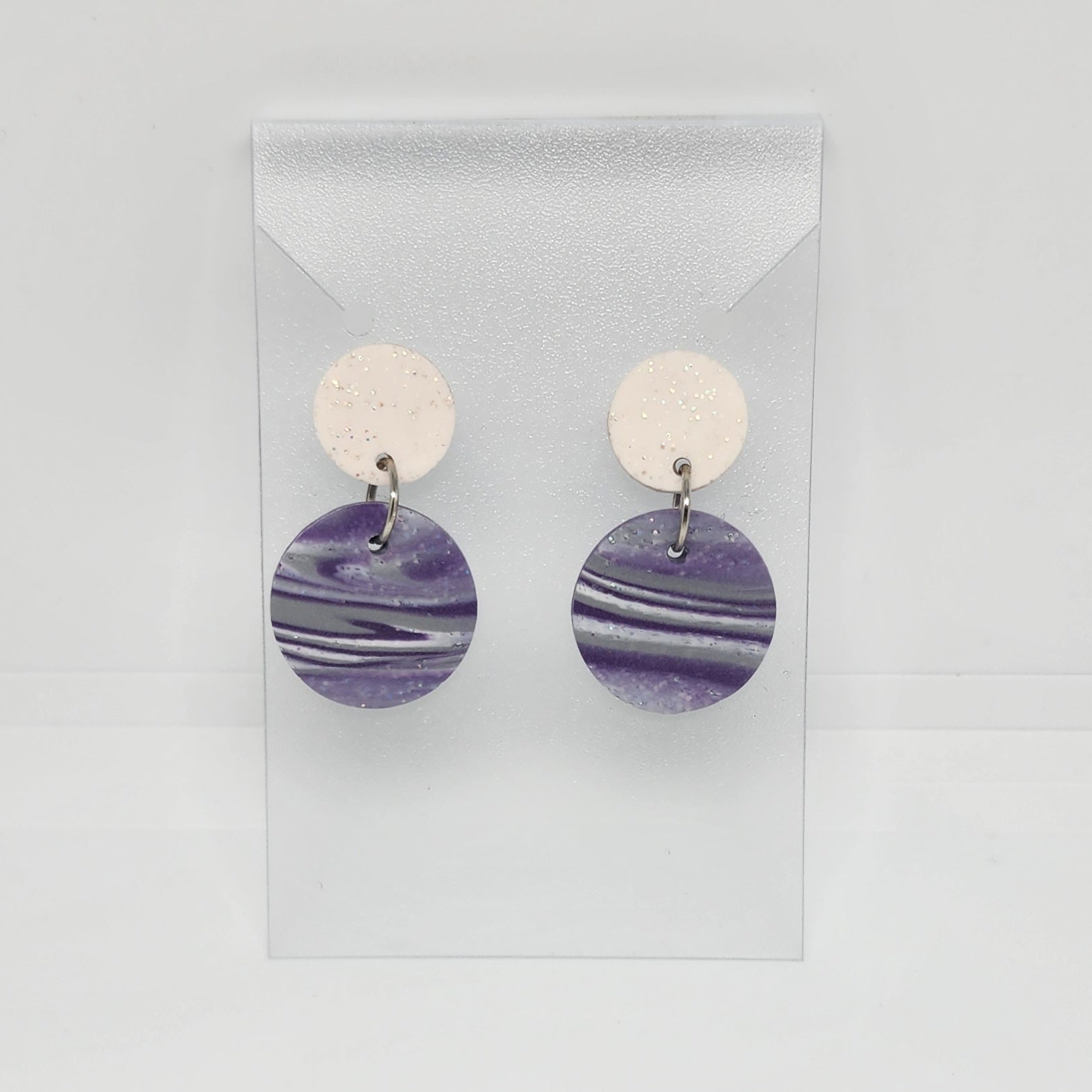 Polymer Clay Earrings Double Circles  - White & Purple Swirl Polymer Clay Earrings Double Circles  - White & Purple Swirl