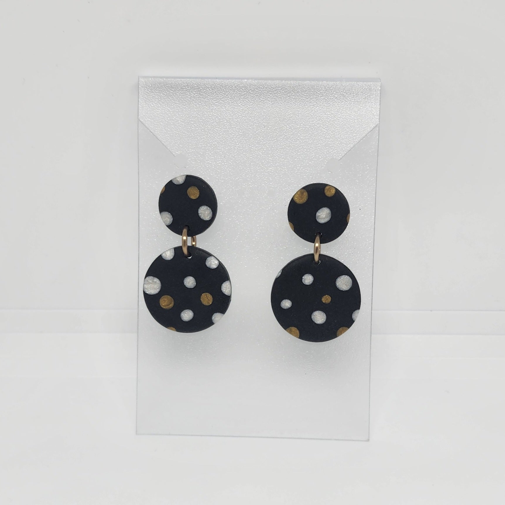 Polymer Clay Earrings Double Circles  - Black with White & Gold Dots Polymer Clay Earrings Double Circles  - Black with White & Gold Dots