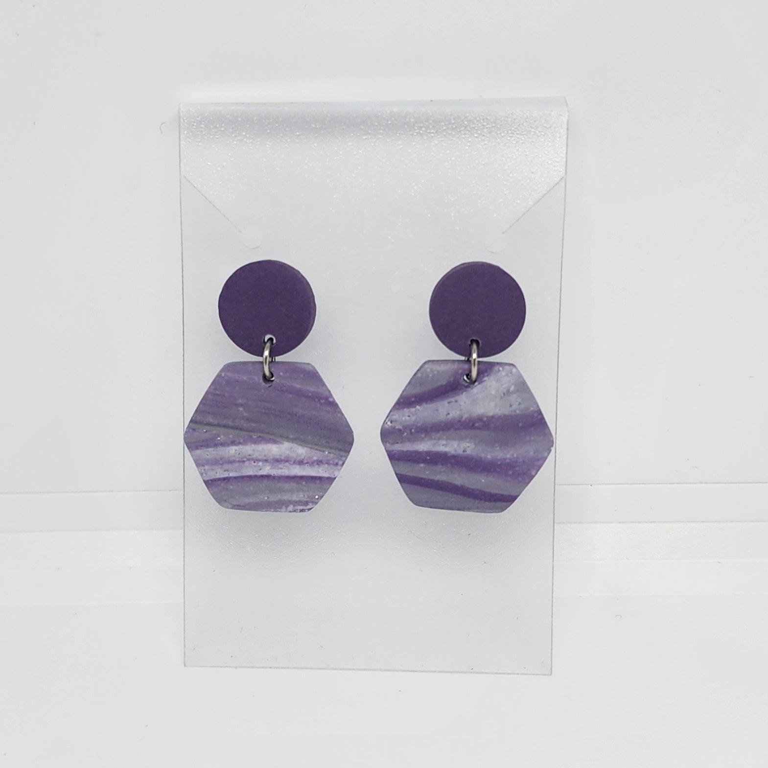 Polymer Clay Earrings Circle/Hexagon - Purple Swirl Polymer Clay Earrings Circle/Hexagon - Purple Swirl