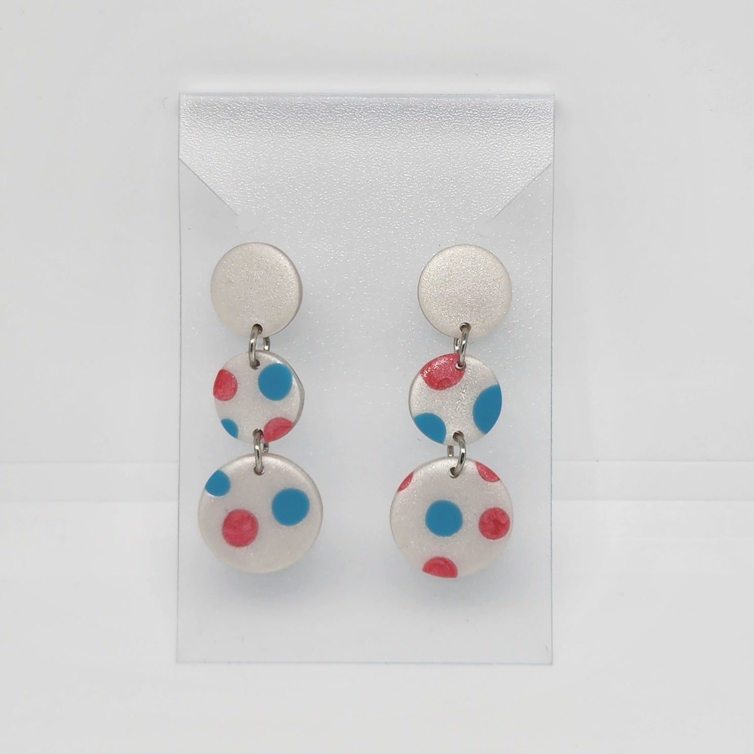 Polymer Clay Earrings Three Circles  - White with Blue & Red Dots Polymer Clay Earrings Three Circles  - White with Blue & Red Dots