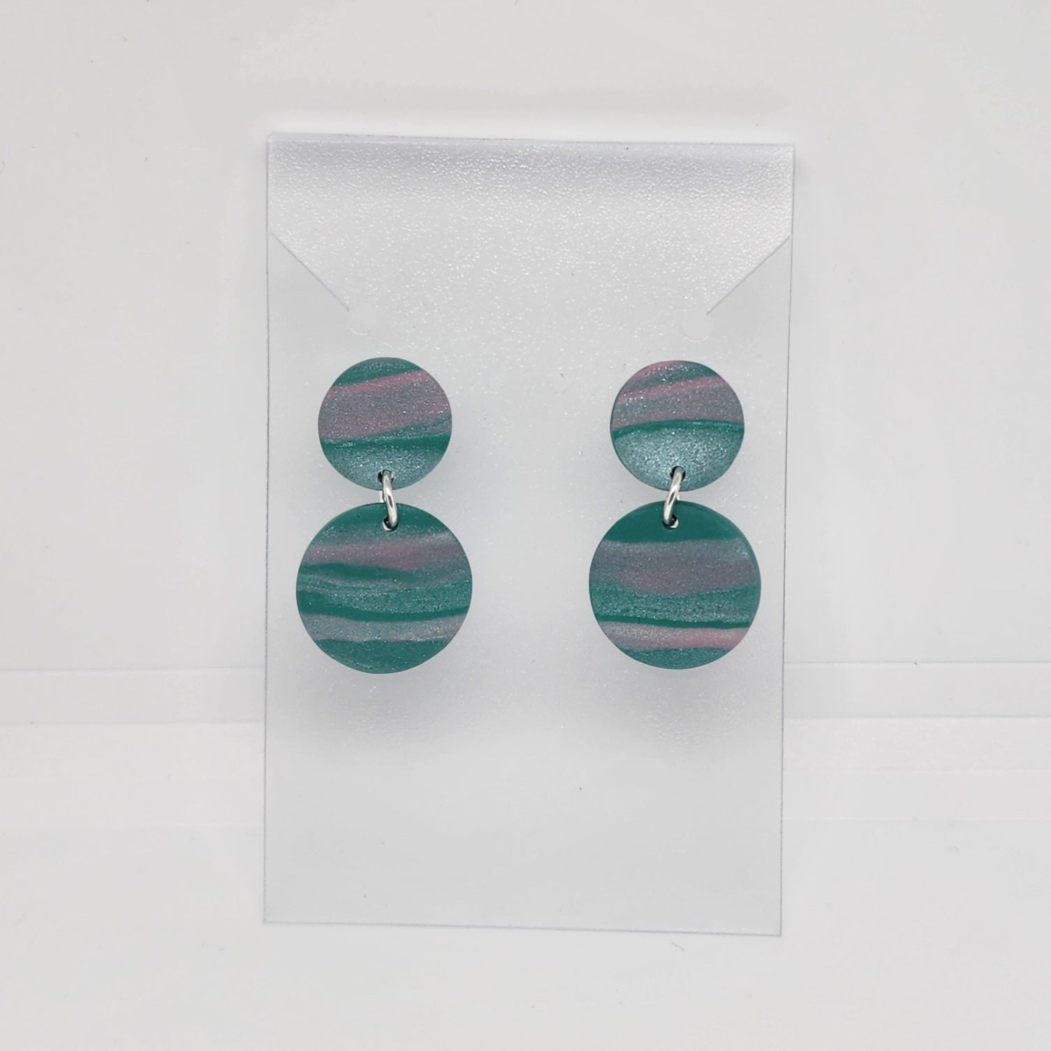 Polymer Clay Earrings Double Circles  - Pink & Green Swirl Polymer Clay Earrings Double Circles  - Pink & Green Swirl