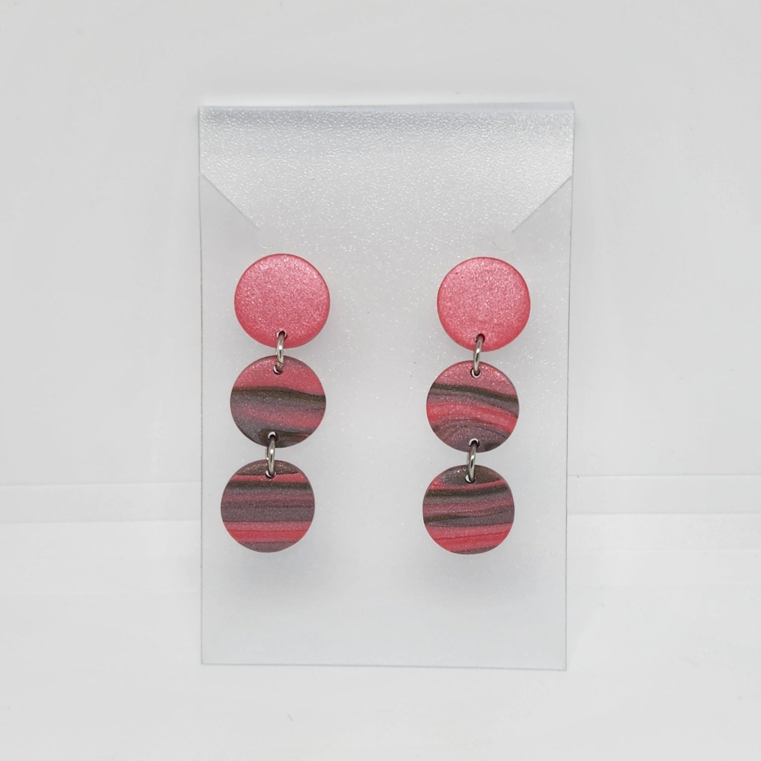 Polymer Clay Earrings Three Small Circles  - Coral With Gold/Grey Swirl Polymer Clay Earrings Three Small Circles  - Coral With Gold/Grey Swirl