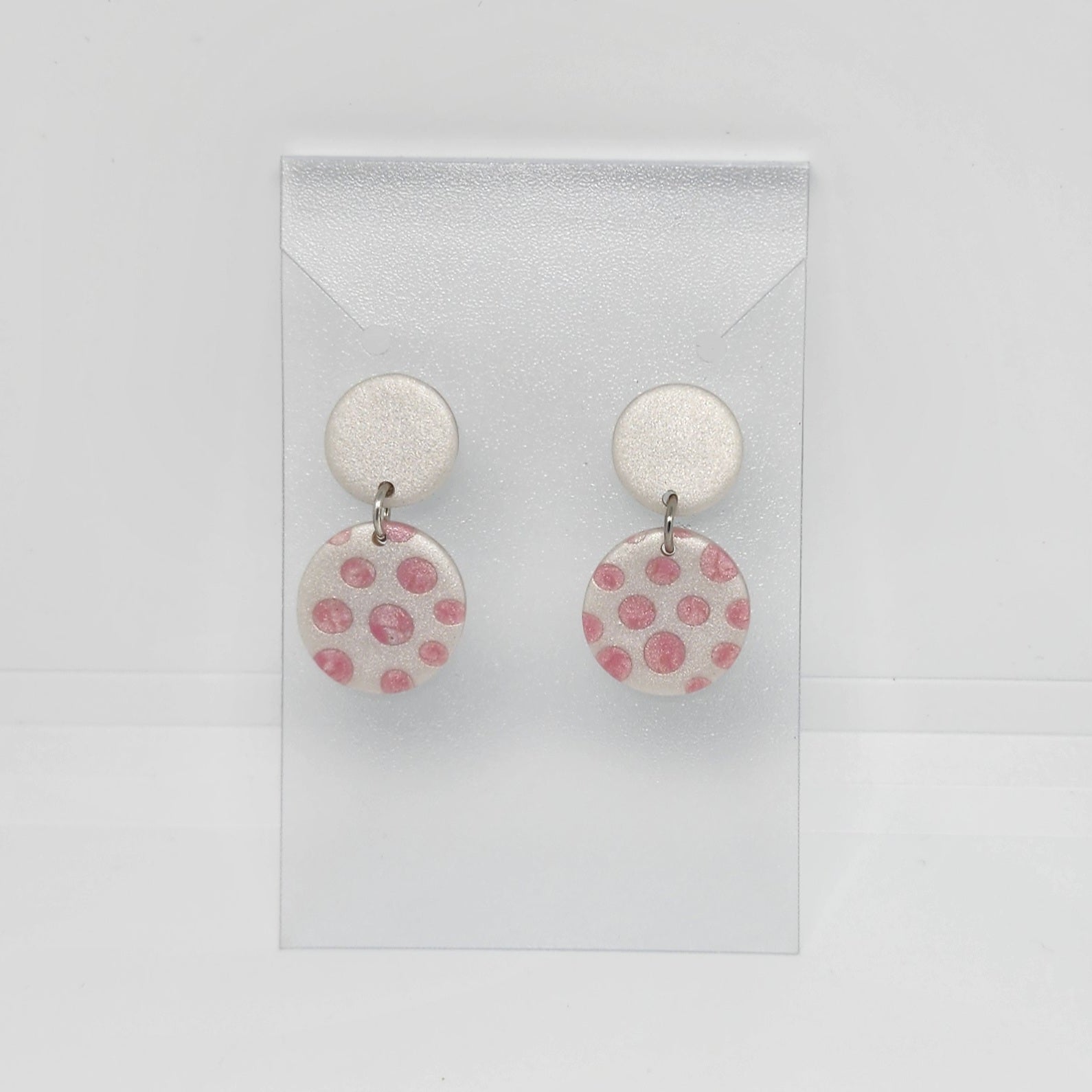 Polymer Clay Earrings Double Circles  - White with Pink Dots Polymer Clay Earrings Double Circles  - White with Pink Dots