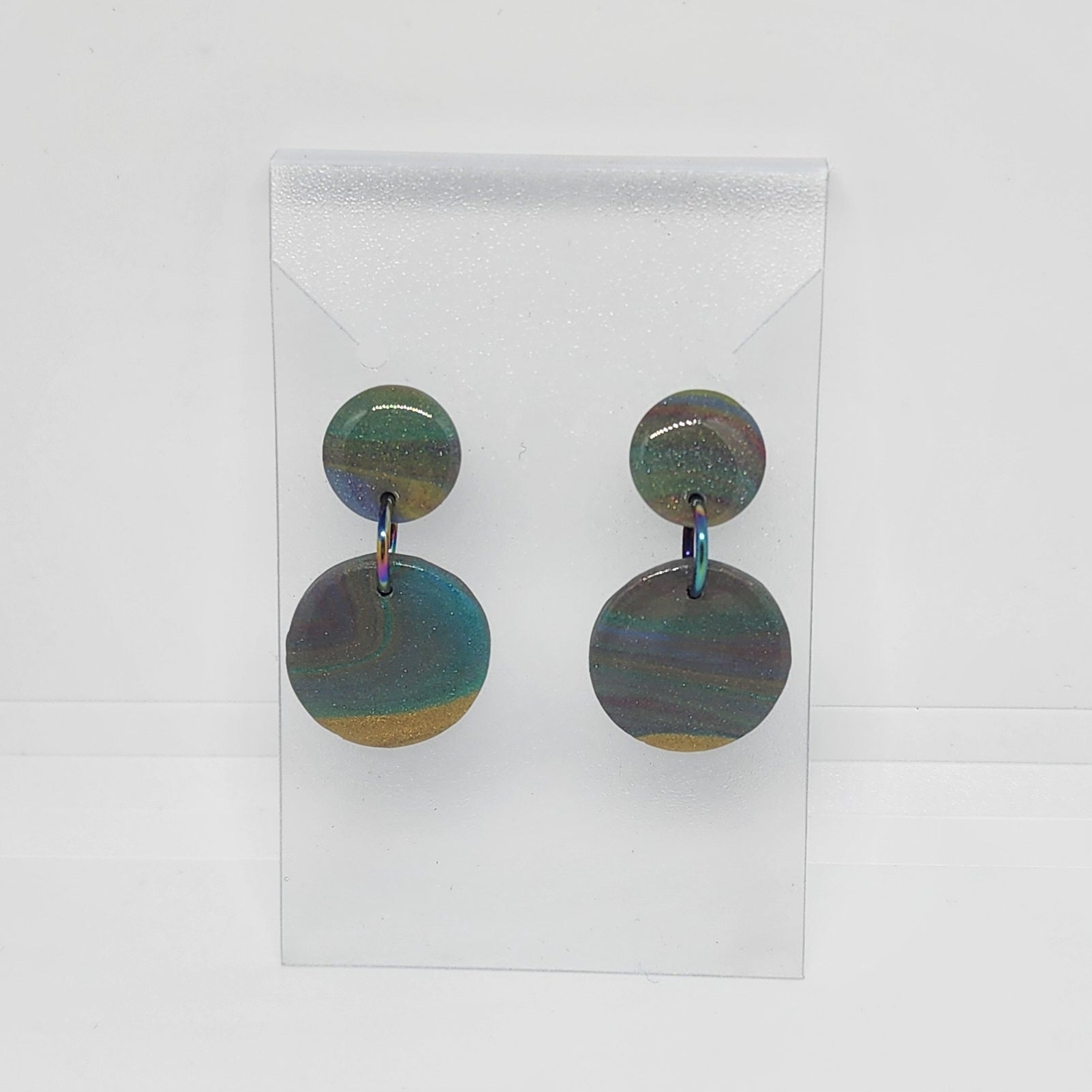 Polymer Clay Earrings Circle/Med Circle  - Rainbow with Gold Polymer Clay Earrings Circle/Med Circle  - Rainbow with Gold