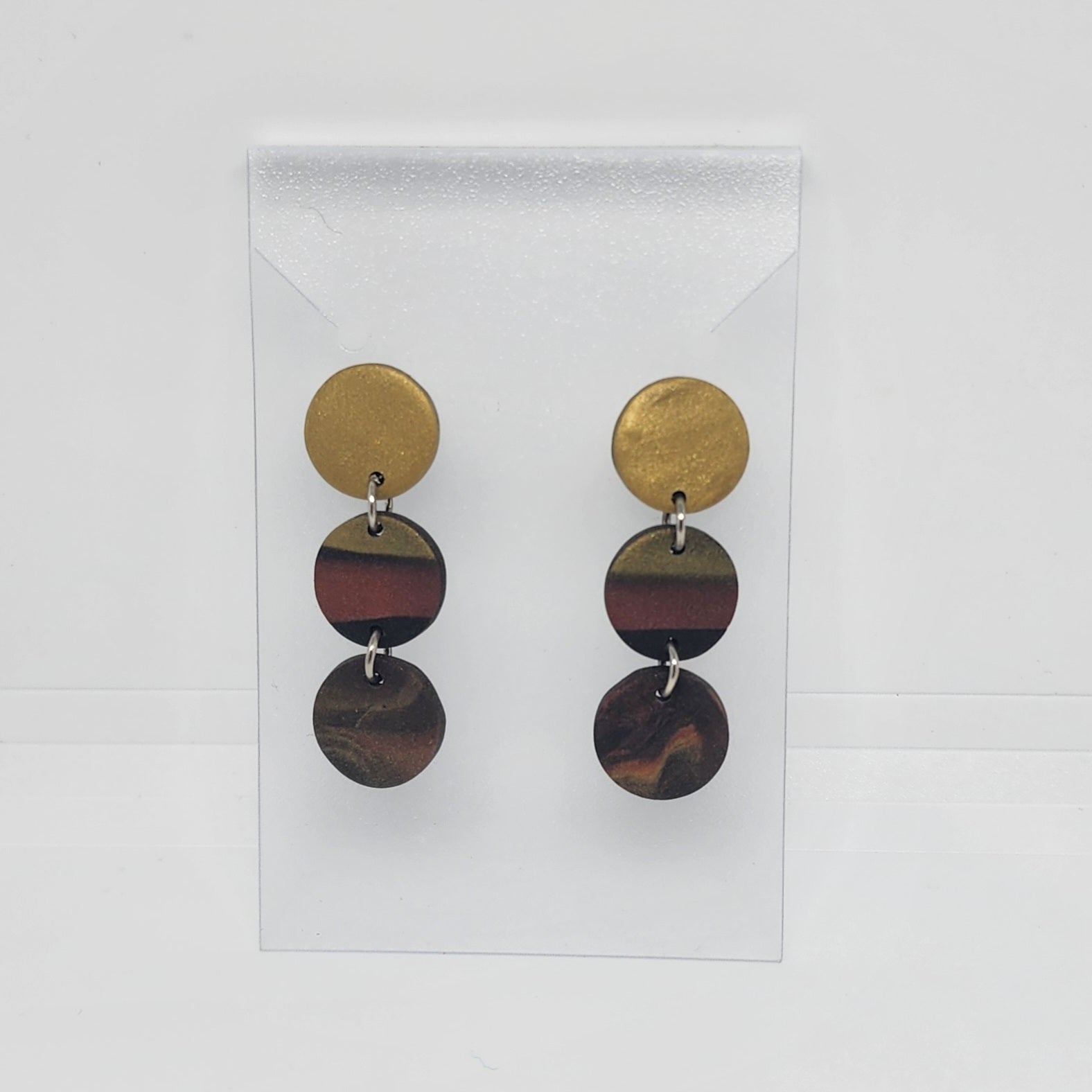 Polymer Clay Earrings Three Small Circles  - Black/Gold Bronze Polymer Clay Earrings Three Small Circles  - Black/Gold Bronze