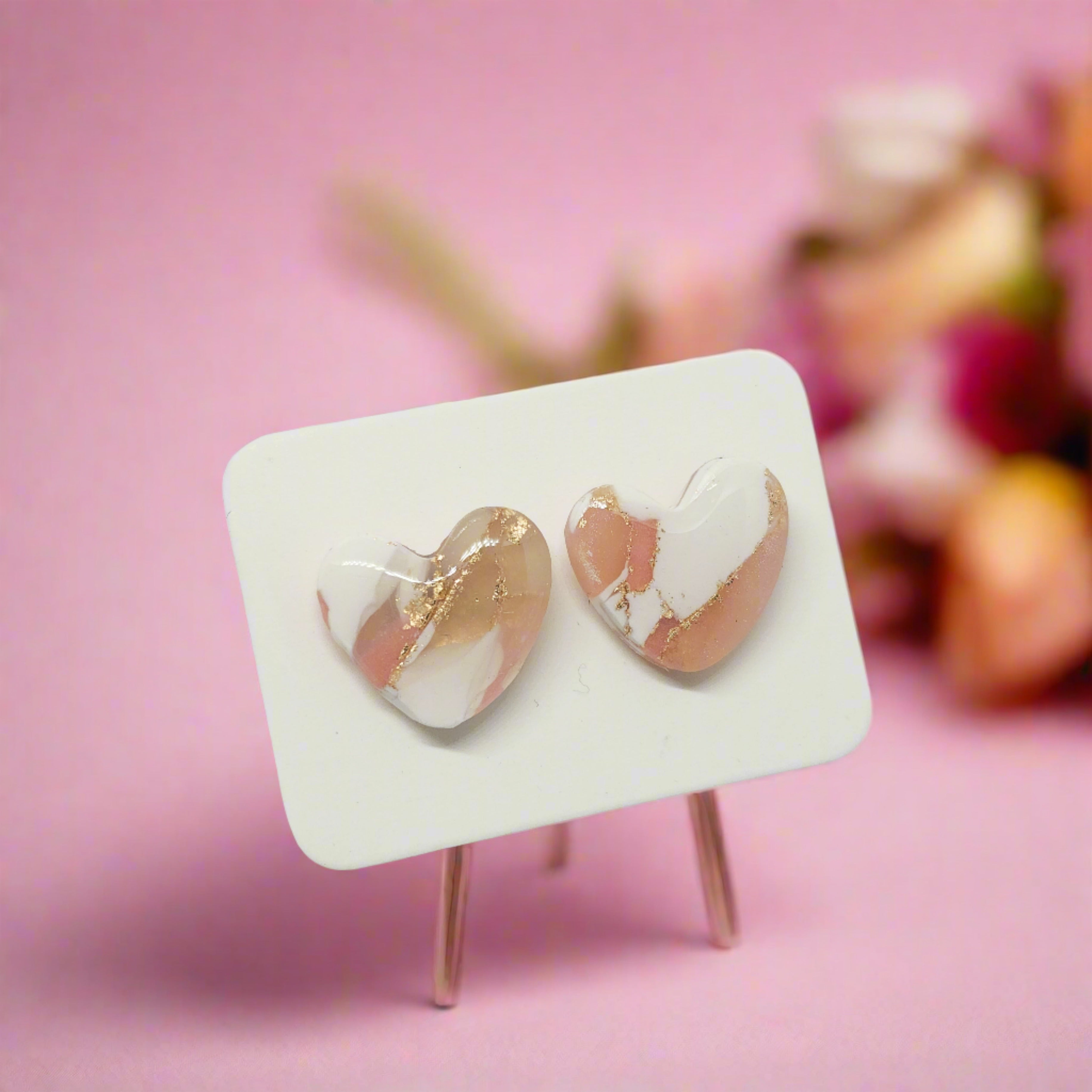 Polymer Clay Earrings - Luxury - Pink Gold and White - Heart Studs Polymer Clay Earrings - Luxury - Pink Gold and White - Heart Studs