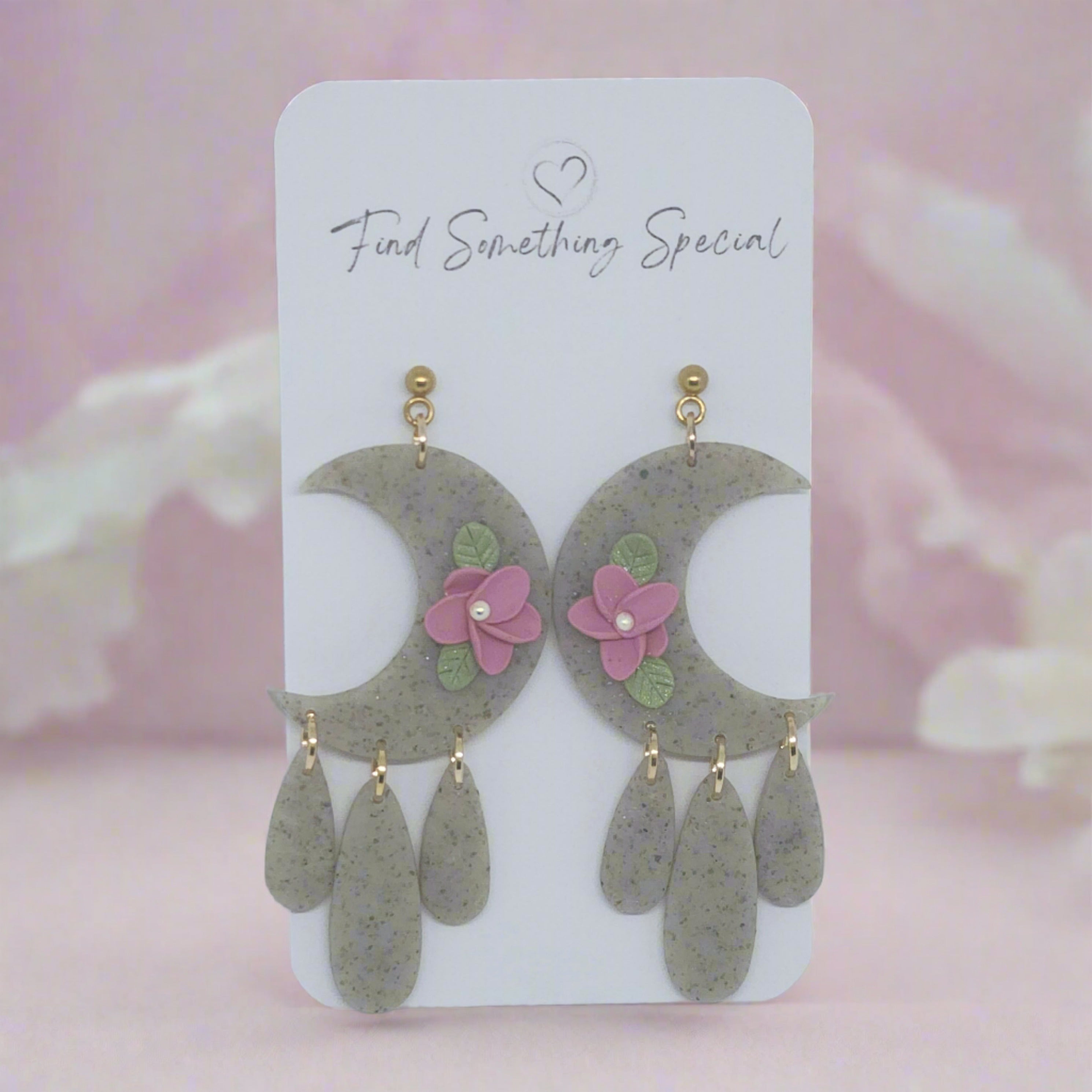 Polymer Clay Earrings - Moon with Dangles - Floral Polymer Clay Earrings - Moon with Dangles - Floral