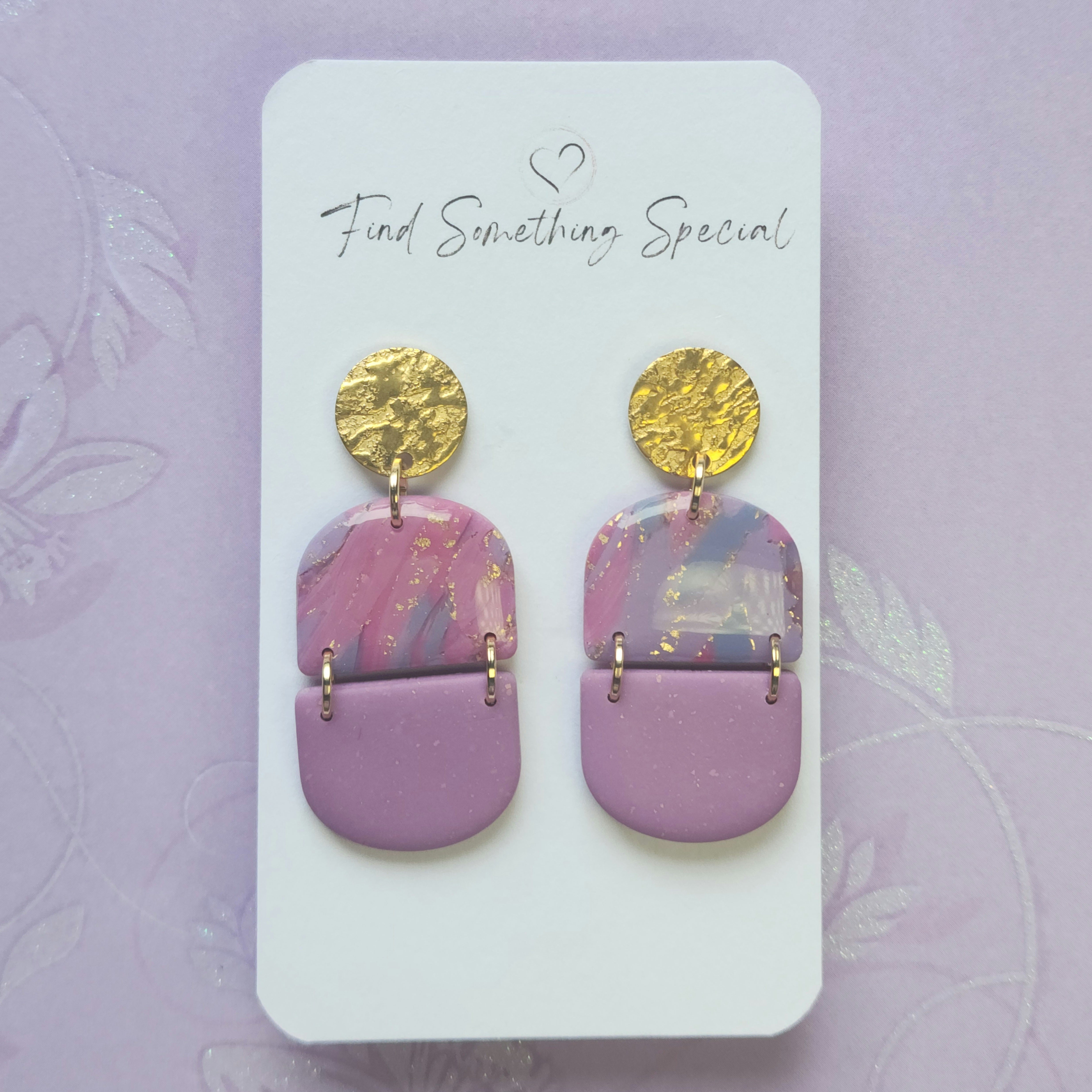 Polymer Clay Earrings - Belle - Pink Purple & Gold - Arcs with Matte Polymer Clay Earrings - Belle - Pink Purple & Gold - Arcs with Matte