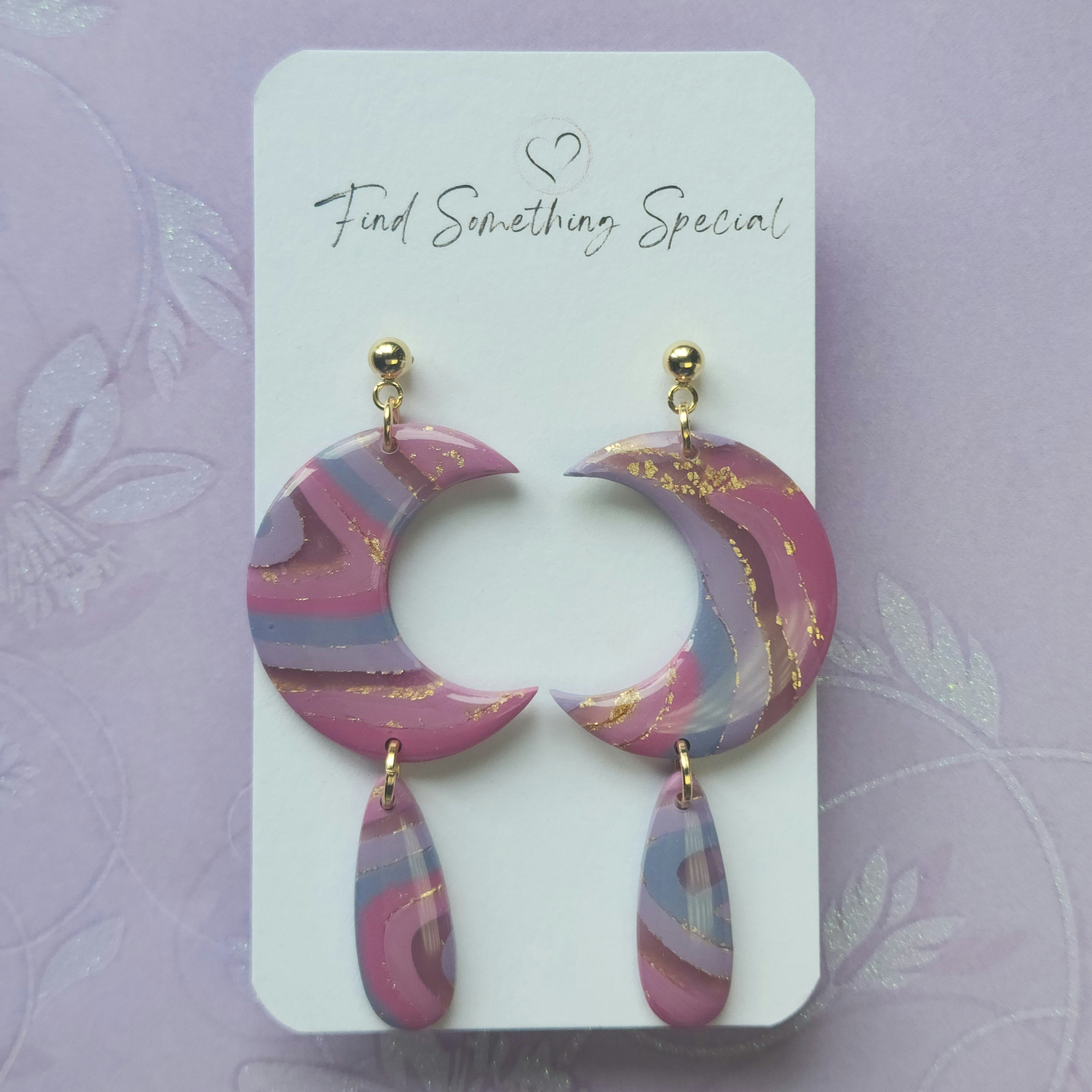 Polymer Clay Earrings - Belle - Pink Purple & Gold - Moon Dangles Polymer Clay Earrings - Belle - Pink Purple & Gold - Moon Dangles