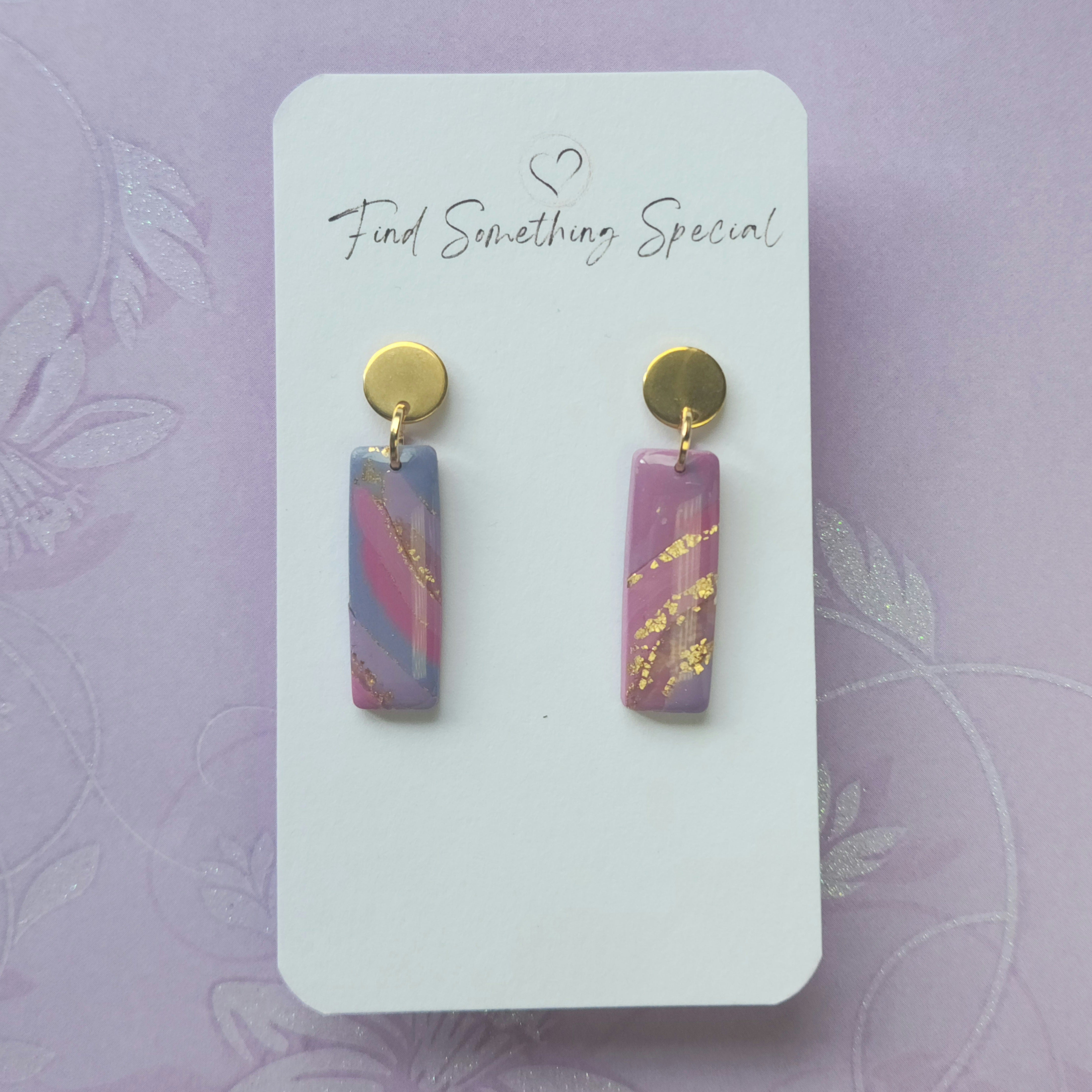 Polymer Clay Earrings - Belle - Pink Purple & Gold - Thin Rectangles Polymer Clay Earrings - Belle - Pink Purple & Gold - Thin Rectangles