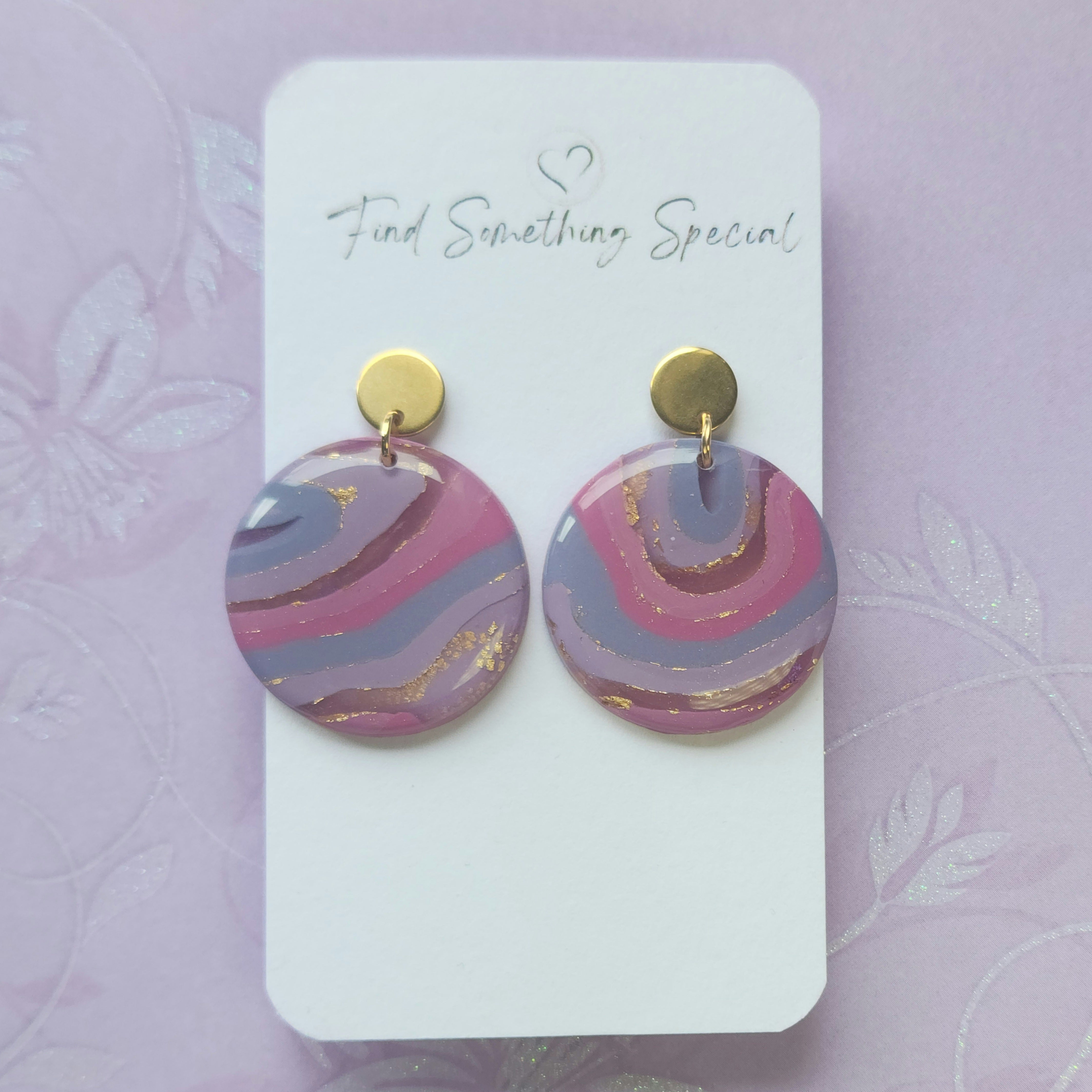 Polymer Clay Earrings - Belle - Pink Purple & Gold - Large Circles Polymer Clay Earrings - Belle - Pink Purple & Gold - Large Circles