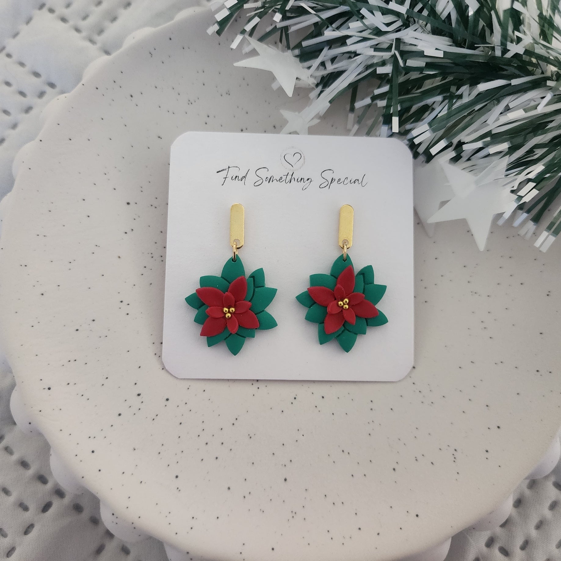 Polymer Clay Earrings - Traditional Christmas Flower Polymer Clay Earrings - Traditional Christmas Flower