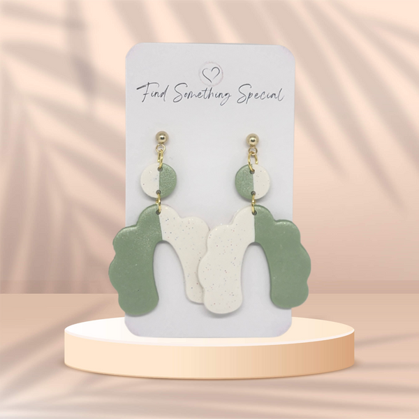 Polymer Clay Earrings - Mint & White Glitter Arc - Gold