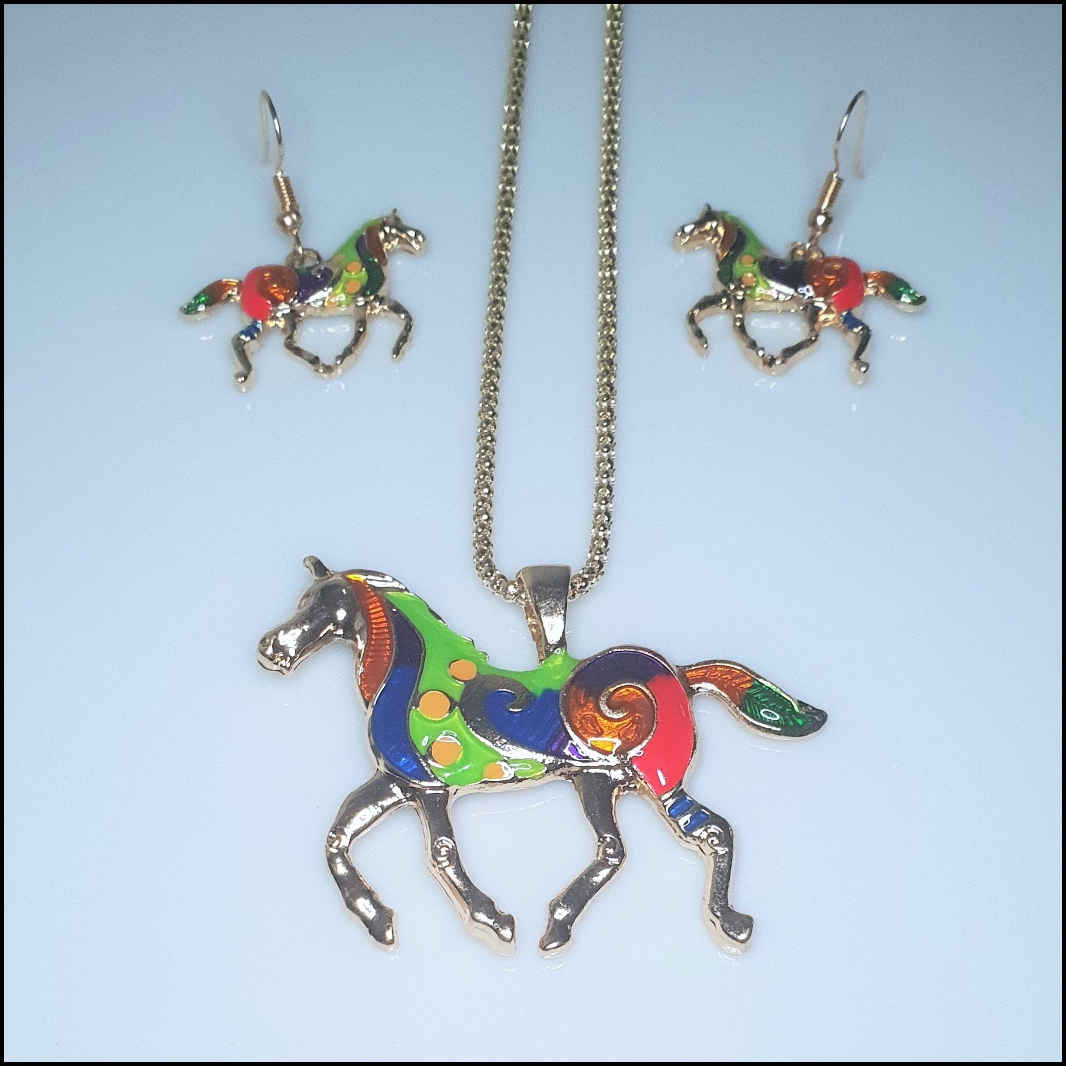 Rainbow Horse Pendant and Earring Set - Gold Plated Rainbow Horse Pendant and Earring Set - Gold Plated
