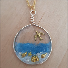 Handmade Layered Resin & Wire Pendant - Gold Beach Scene in Circle