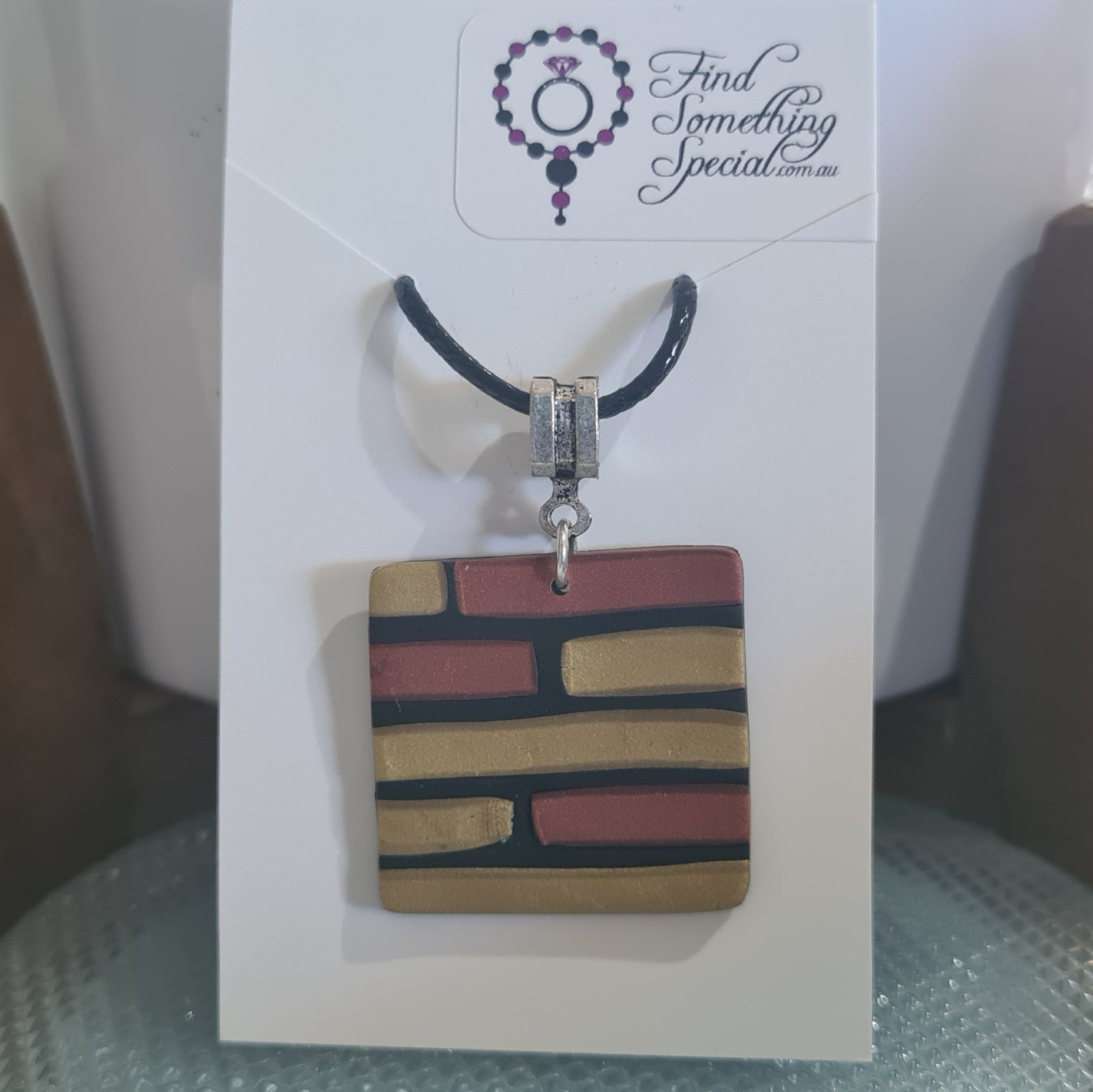 Polymer Clay Square Pendant  - Black with Bronze & Gold Brick Polymer Clay Square Pendant  - Black with Bronze & Gold Brick