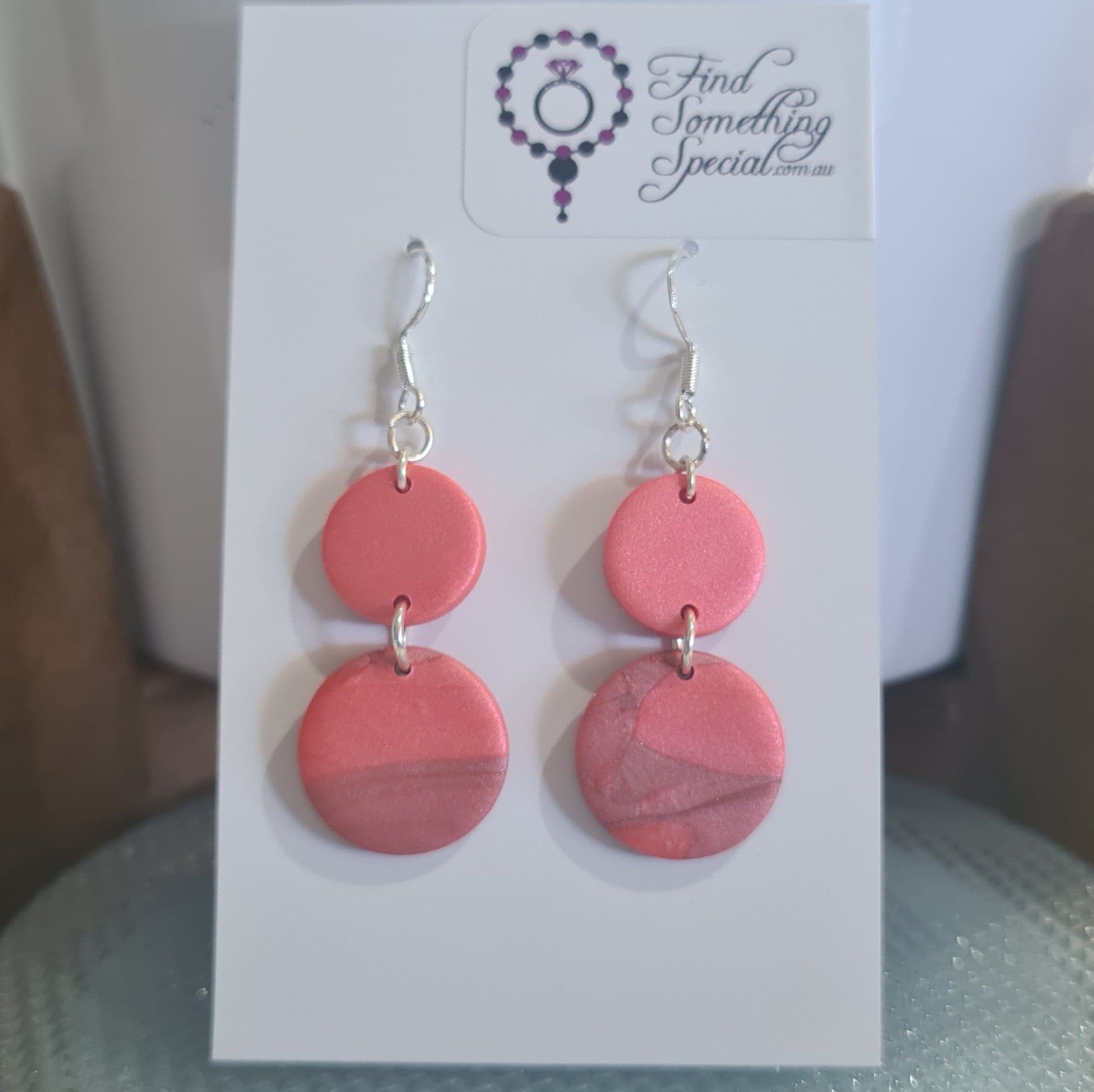 Polymer Clay Earrings Double Circle on Hooks - Pink with Subtle Swirl Polymer Clay Earrings Double Circle on Hooks - Pink with Subtle Swirl