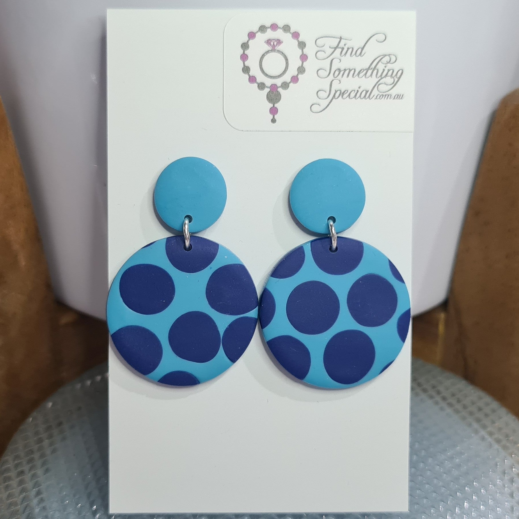 Polymer Clay Earrings Small/Big Circles  - Dark Blue Dots on Light Blue Polymer Clay Earrings Small/Big Circles  - Dark Blue Dots on Light Blue