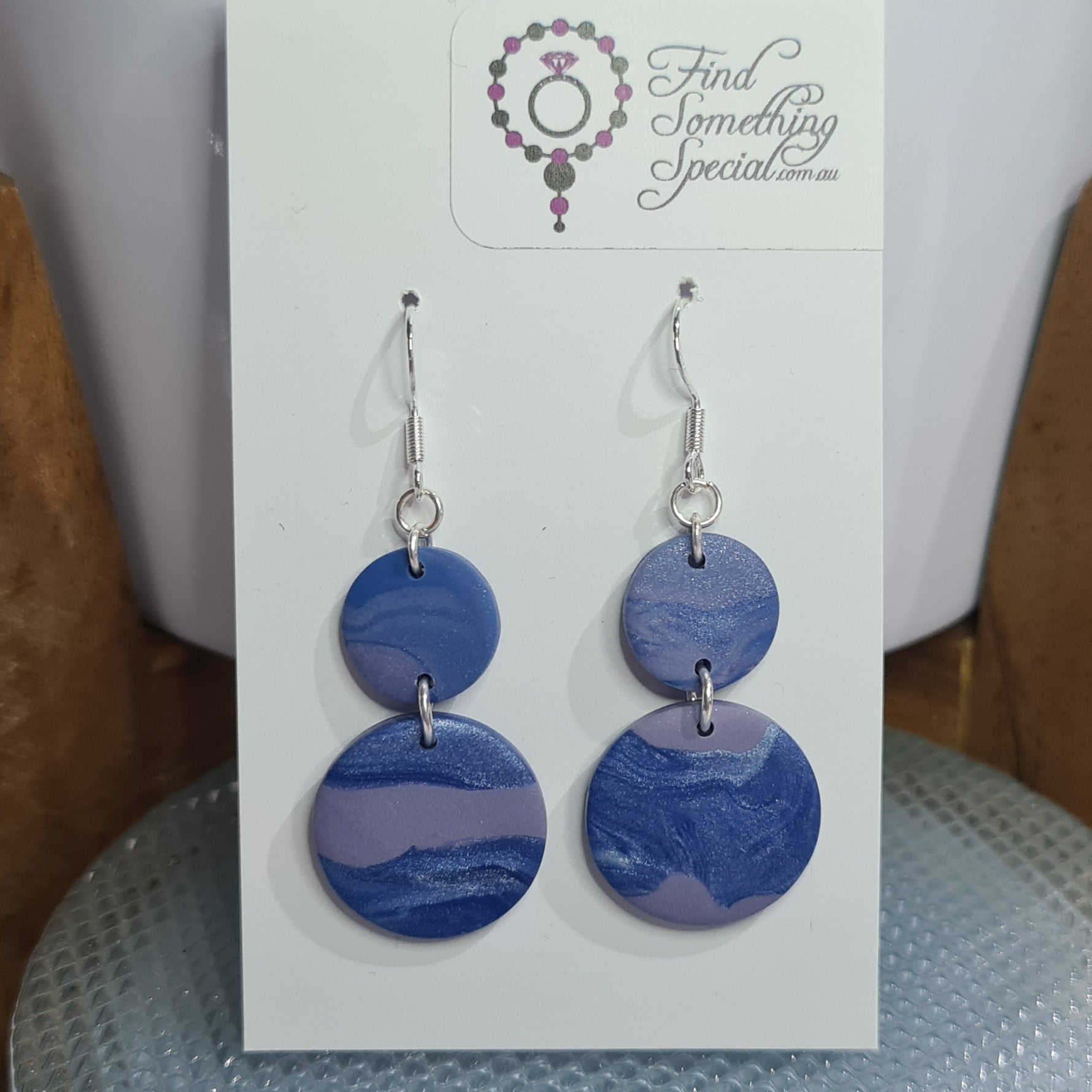 Polymer Clay Earrings Double Circle on Hooks - Blue/Mauve Swirl Polymer Clay Earrings Double Circle on Hooks - Blue/Mauve Swirl