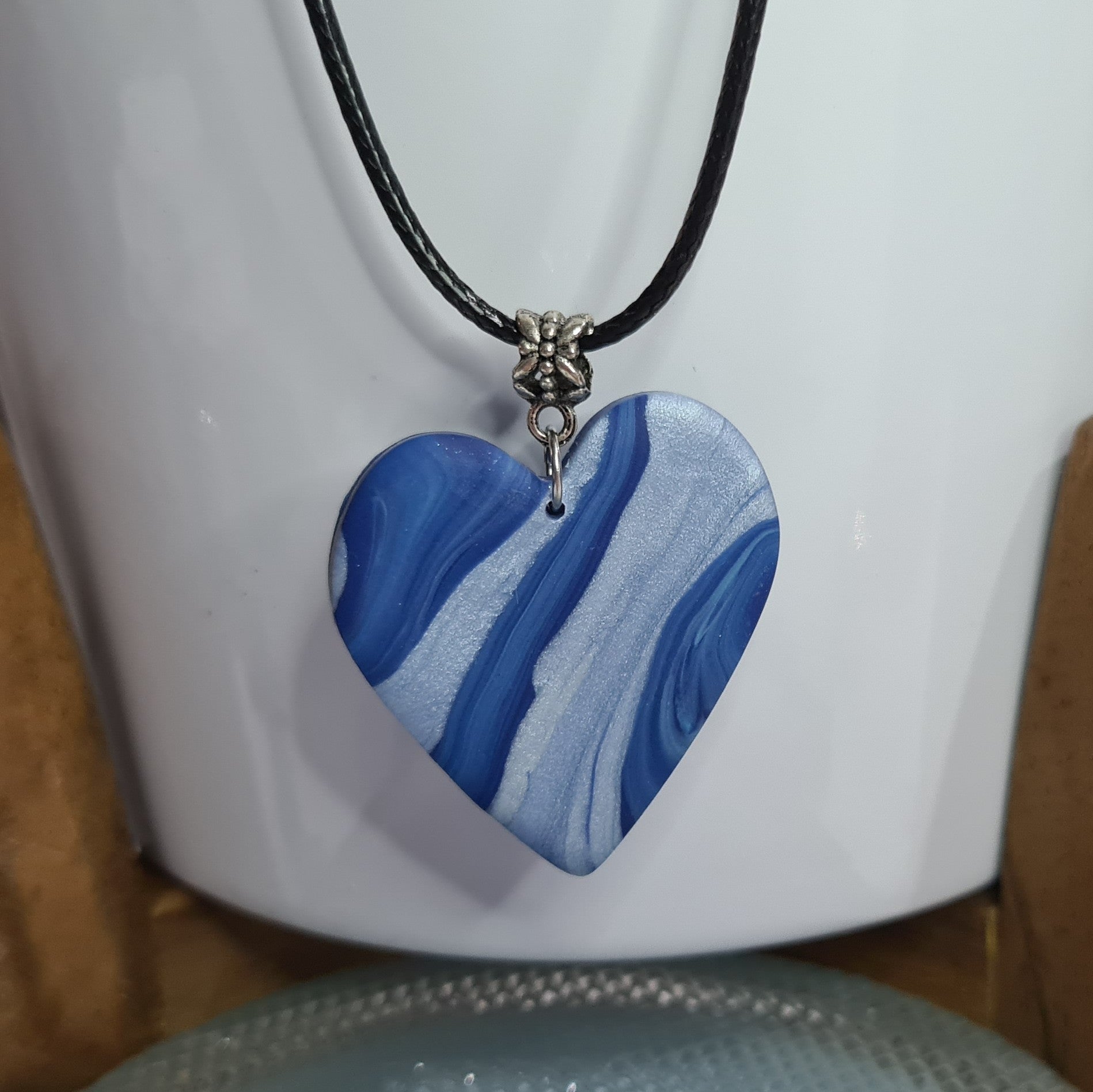 Polymer Clay Square Pendant  - Blue Swirl Heart Polymer Clay Square Pendant  - Blue Swirl Heart