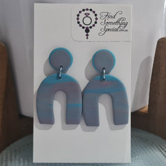 Polymer Clay Earrings Circle & Arch - Blue/Grey Swirl