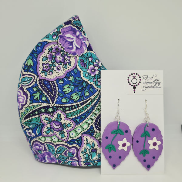 Handmade Face Mask with Matching Polymer Clay Earrings - Purple floral