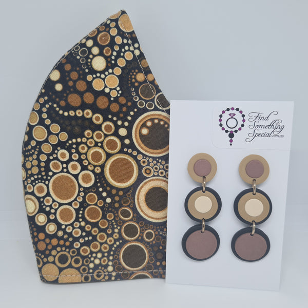 Handmade Face Mask with Matching Polymer Clay Earrings - Earthy circles dark