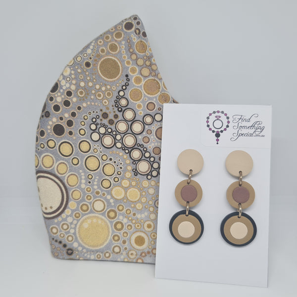 Handmade Face Mask with Matching Polymer Clay Earrings - Earthy circles light