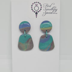 Polymer Clay Earrings Circle/Trapezium  - Rainbow