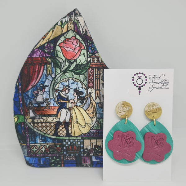 Handmade Face Mask with Matching Polymer Clay Earrings - Beauty & the Beast
